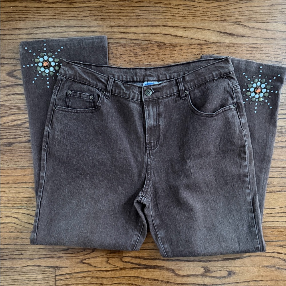 DG2 Diane Gilman Women's Studded Western Stretch Brown Jeans
